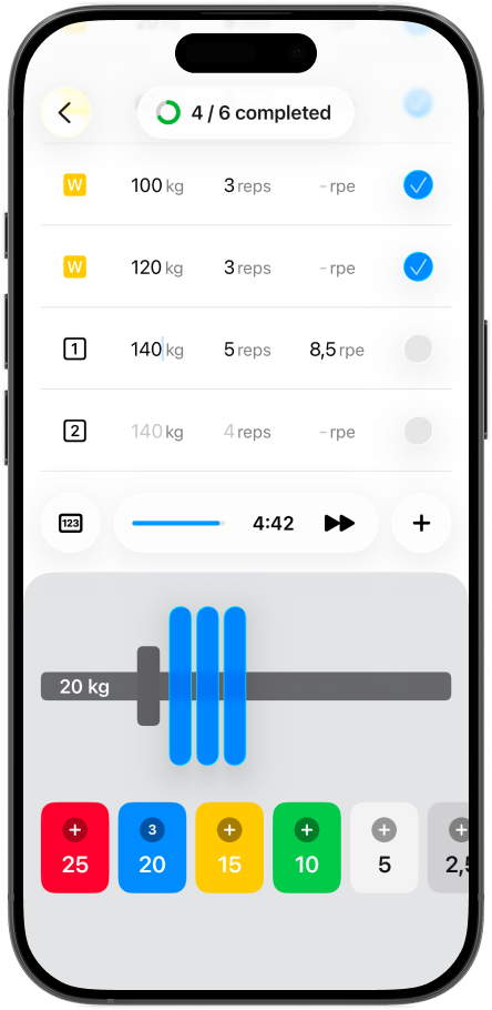 Plates workout logger with completed sets, a rest timer, and the custom plate keyboard