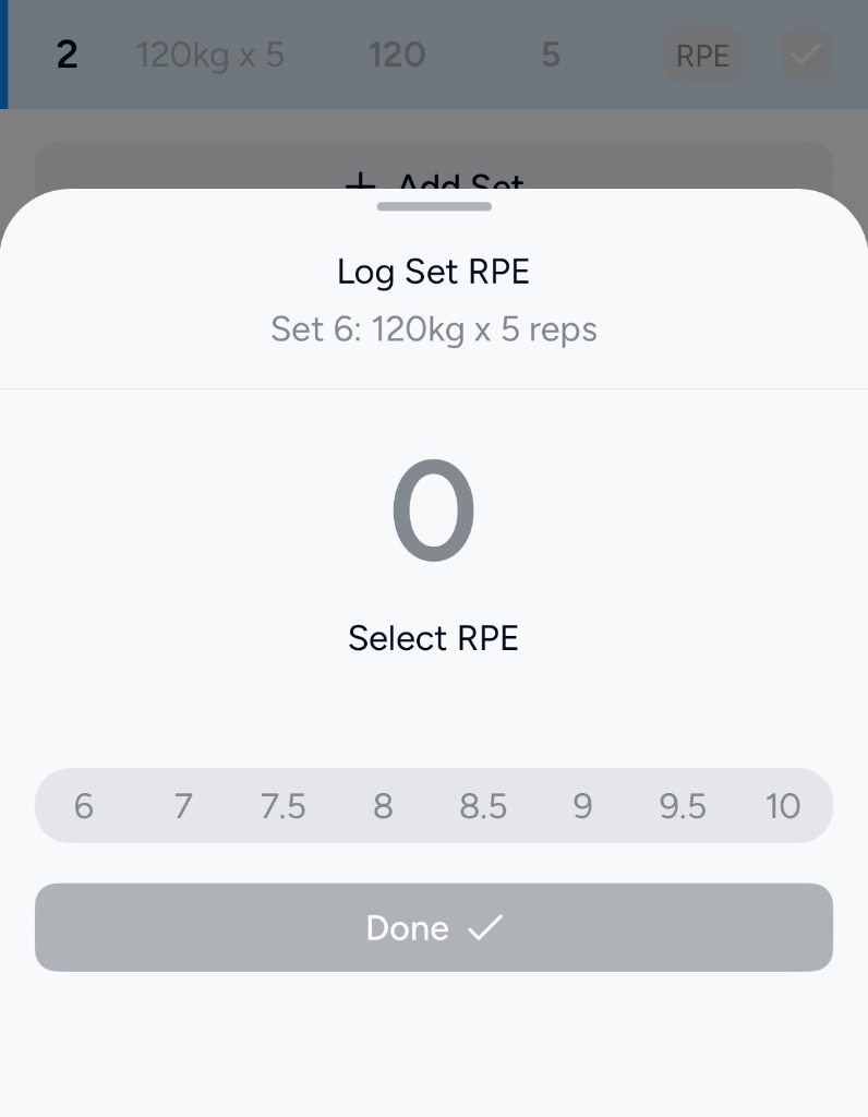 Hevy app Log Set RPE interface showing unselected state