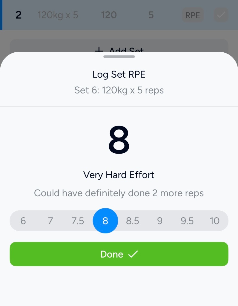 Hevy app Log Set RPE interface showing RPE 8 selection as an inverted workaround for 2 RIR