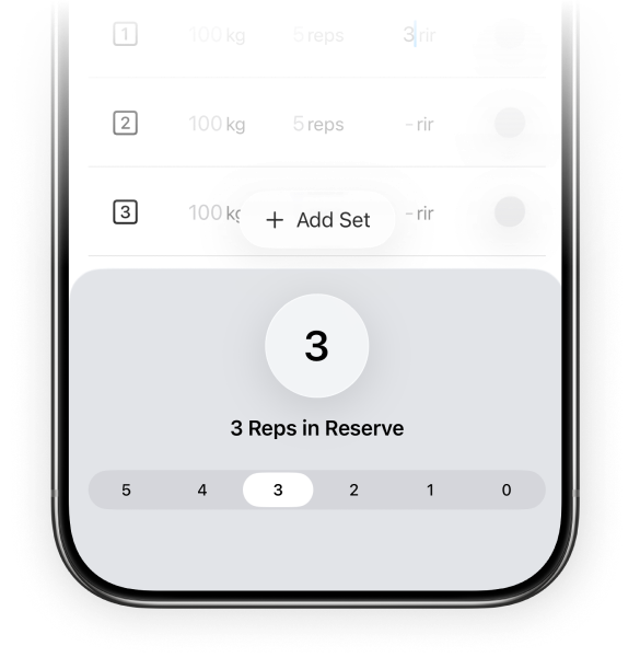 Plates app native Reps in Reserve (RIR) tracking picker interface