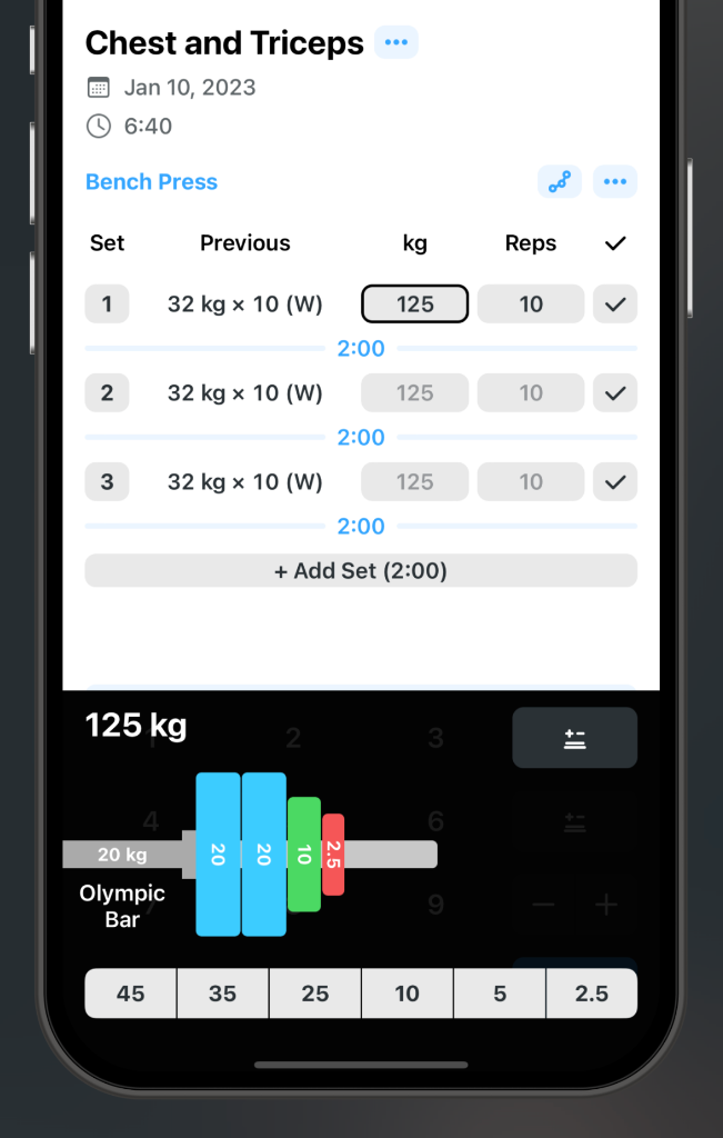 Strong app barbell plate calculator interface loaded on an Olympic bar