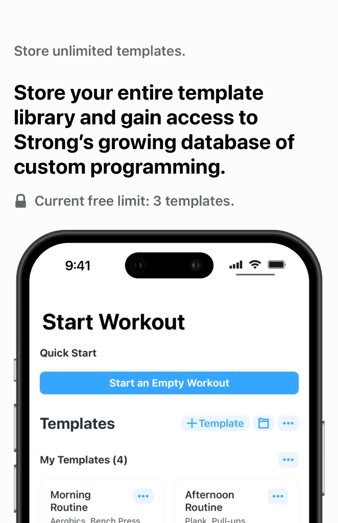 Strong app paywall showing unlimited templates feature and current free limit of 3 templates