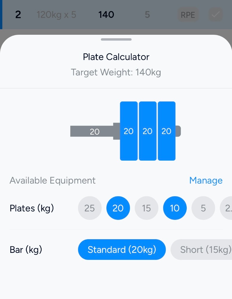 Hevy Plate Calculator modal attempting 140kg squat
