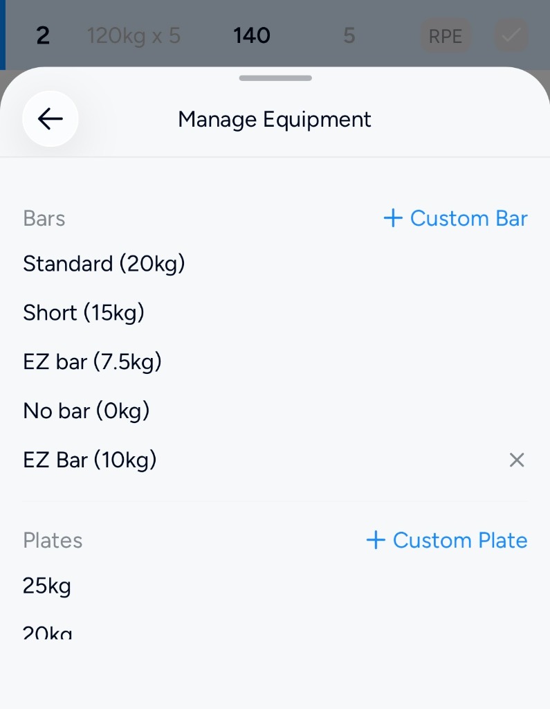 Hevy Manage Equipment bar selection screen