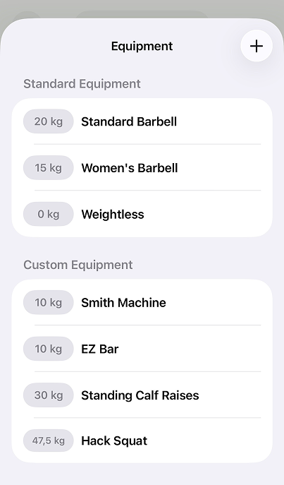 Plates app Custom Equipment management screen