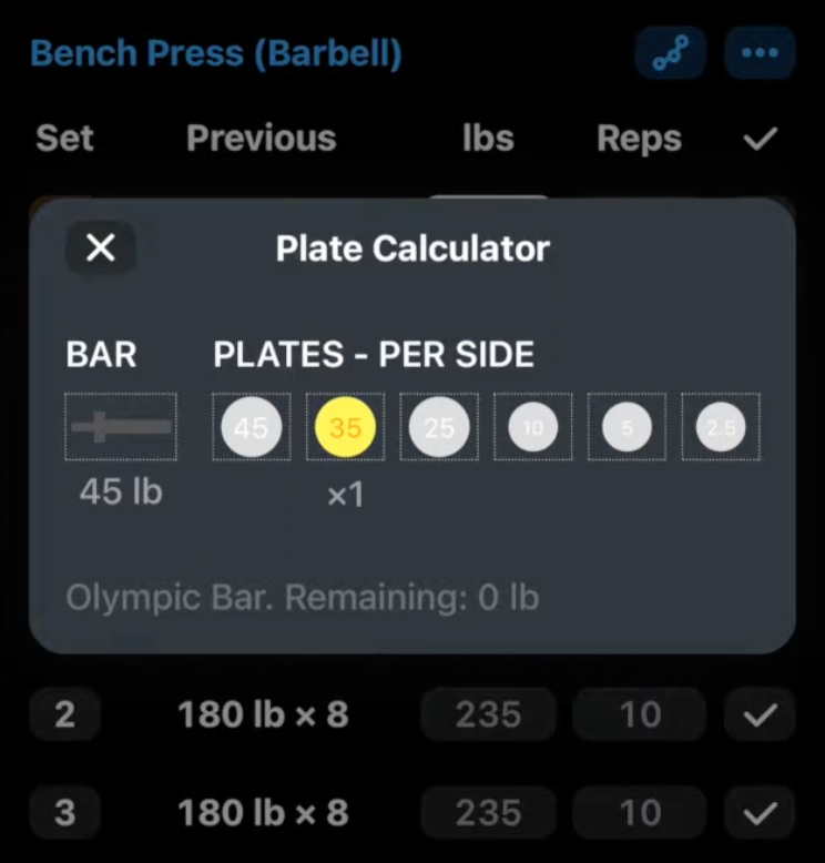 Strong app plate calculator pop-up displaying 45 lb bar configuration