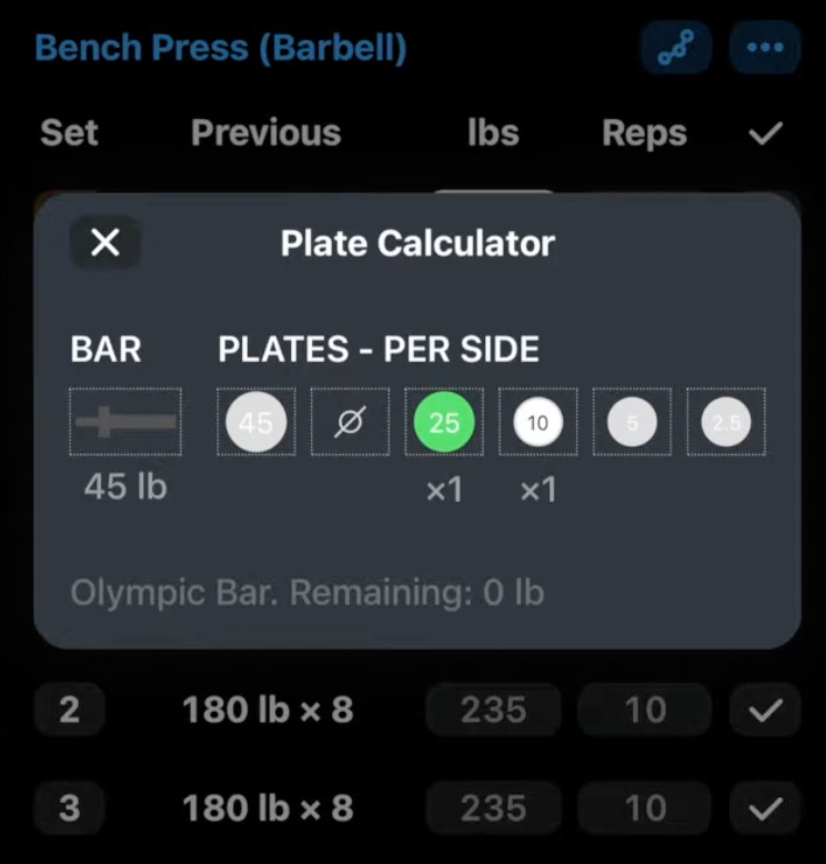 Strong app plate calculator with excluded 35 lb plate